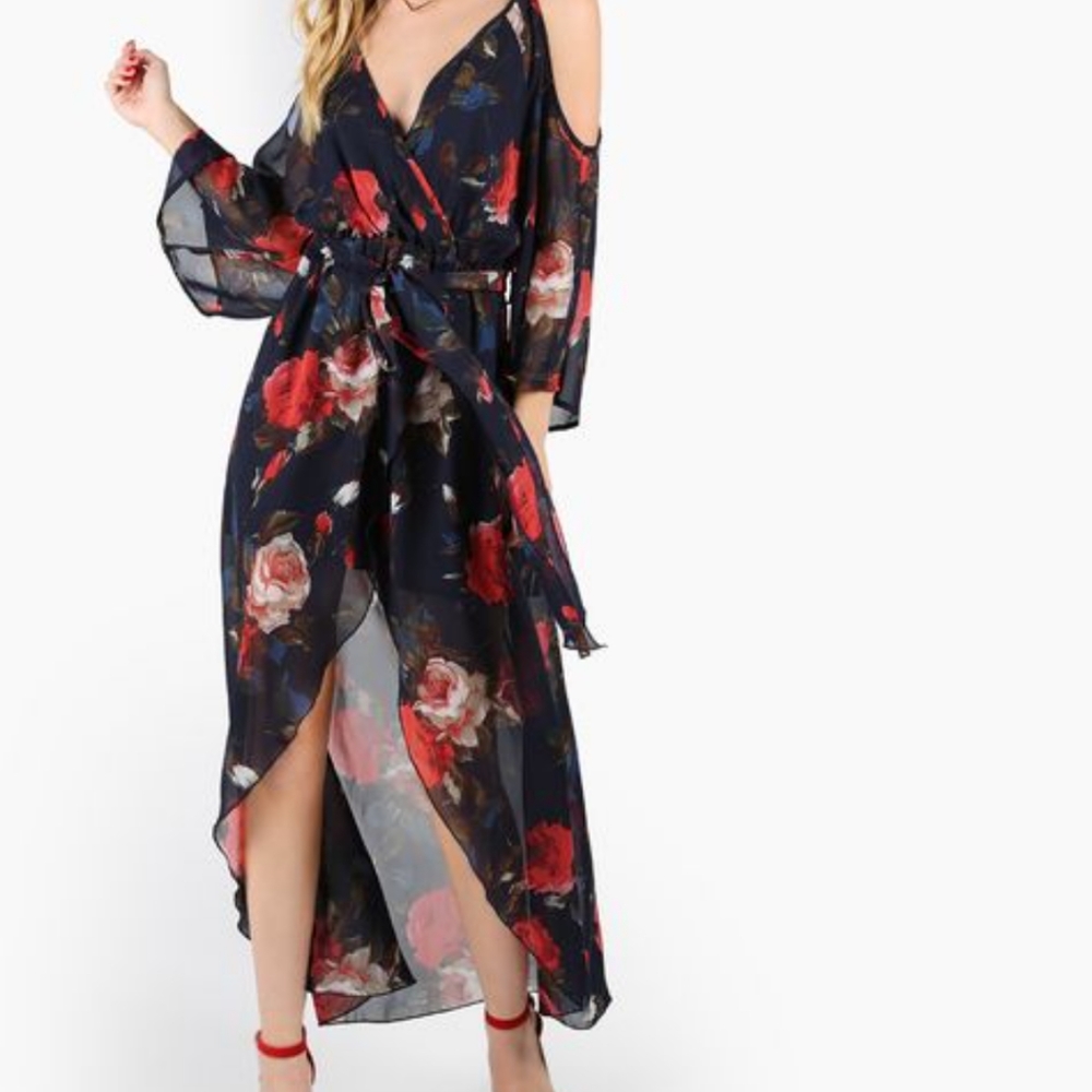 MISS AVENUE FLORAL COLD SHOULDER ASYMMETRICAL DRESS SIZE SMALL